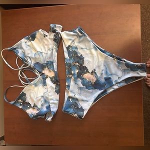 Super soft and stretchy blue marble swimsuit with high waisted matching bottoms
